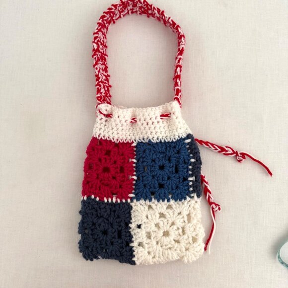 Handmade Crochet Small Shoulder Bag Granny Square Red White Blue Drawstring Tote - Picture 3 of 8
